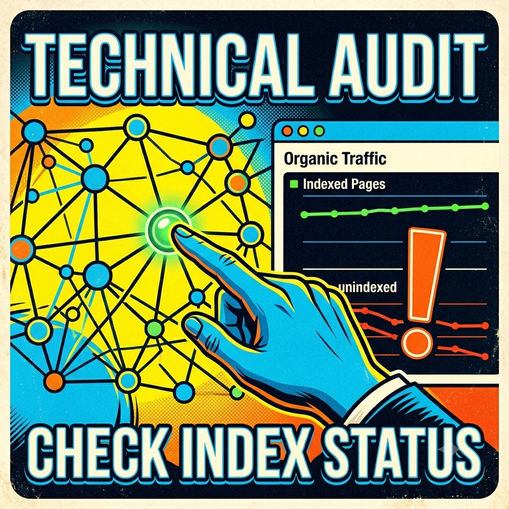A 300x300 graphic in the high-contrast comic art style showing a hand pointing at a glowing green node on a link graph next to an indexed pages chart. Text reads: TECHNICAL AUDIT. CHECK INDEX STATUS.
