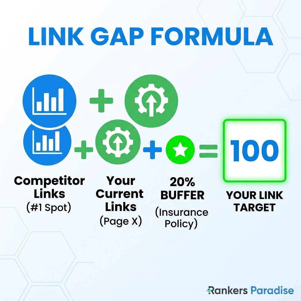 An infographic illustrating the formula: (Competitor Links - Your Links) + 20% Buffer = Your Link Target.