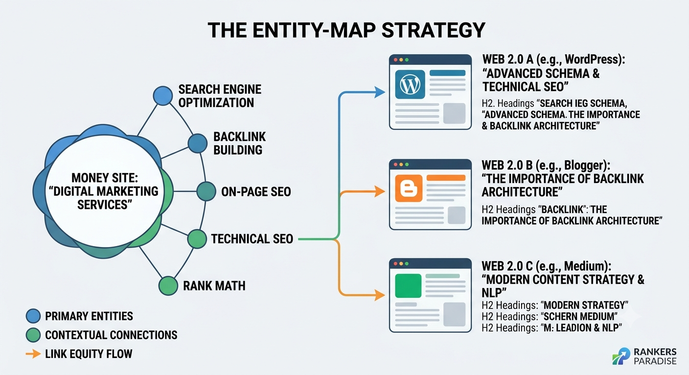 A strategic flowchart diagram illustrating the Rankers Paradise entity mapping process, showing how technical SEO and content entities from a money site are mirrored on supporting Web 2.0 properties for semantic relevance.