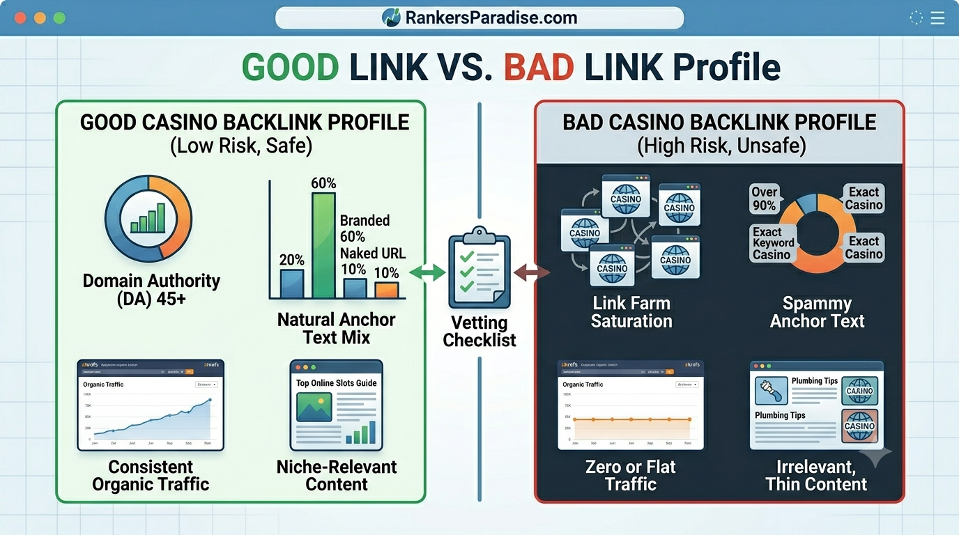 Infographic comparing a high-quality casino backlink profile (Good) against a spammy link farm profile (Bad) to help users vet link sources.