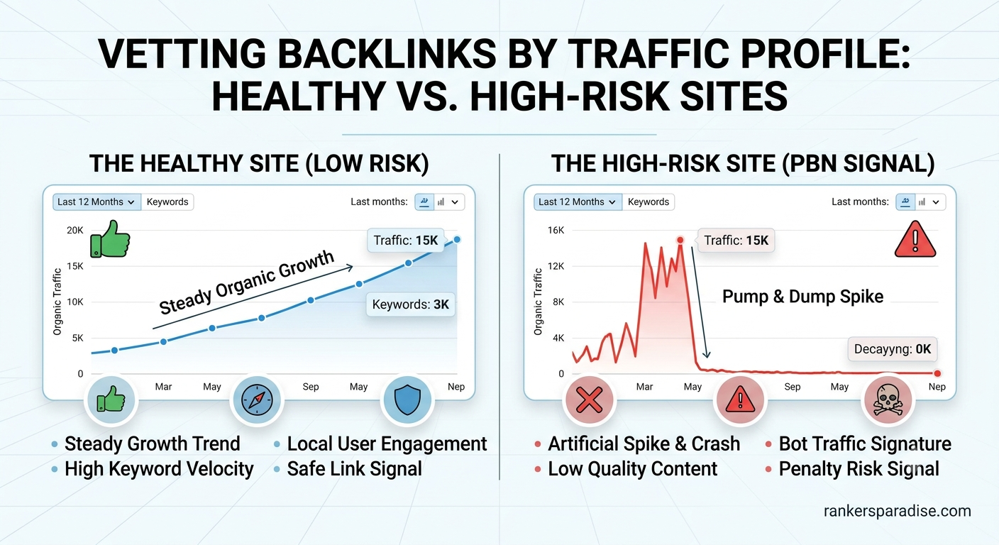 A side-by-side analytical chart comparing the organic traffic profiles of a healthy website (steady growth, low risk) versus a high-risk PBN site (pump and dump spike, artificial signal).