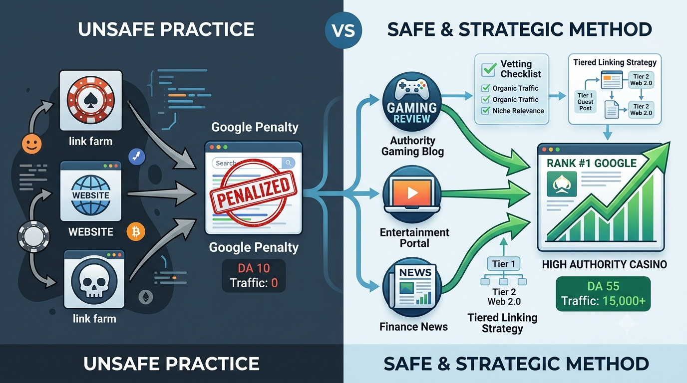 Vector graphic illustration comparing high-risk casino backlinks and safe, authority-driven casino links to avoid penalties.