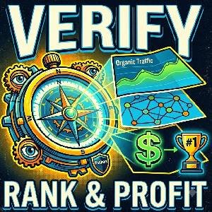 A high-contrast comic art 300x300 featured image showing a glowing mechanical compass device projecting an organic traffic chart, a safe link graph, and a profit symbol leading to a #1 trophy. Text reads: VERIFY. RANK & PROFIT.