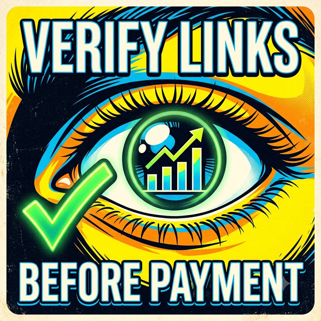 A high-contrast, comic-style 300x300 image showing an intense eye auditing an organic traffic chart with a large green checkmark. Text reads: VERIFY LINKS BEFORE PAYMENT.