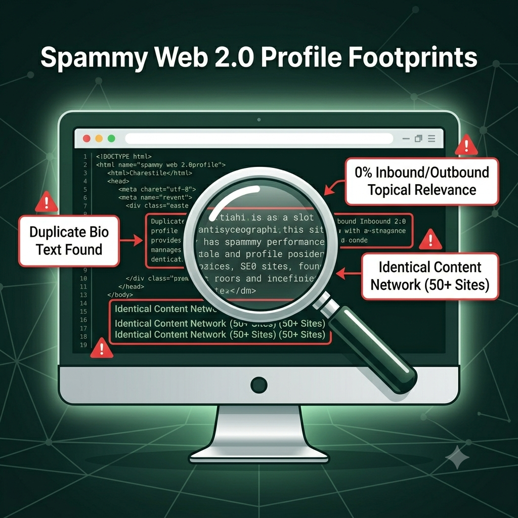 A technical illustration showing a monitor highlighting three common footprints on a spammy web 2.0 profile.