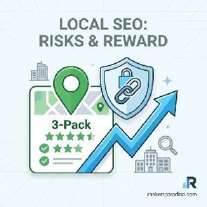 Square featured image titled 'LOCAL SEO: RISKS & REWARD', showing a powerful green map icon with star ratings protected by a secure shield and upward trend arrows, symbolizing safe local ranking growth in 2026.