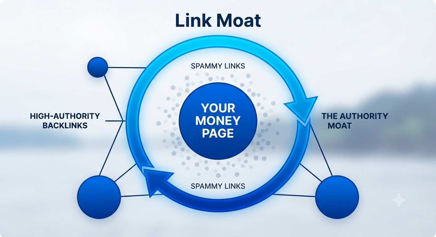 A diagram showing a central "Money Page" being protected by a "Moat" of high-authority backlinks that drown out surrounding spammy links.