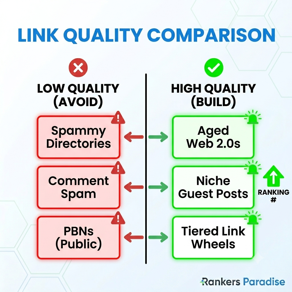 A comparison chart contrasting "Low Quality (Avoid)" links like spam and public PBNs against "High Quality (Build)" links like Aged Web 2.0s, Niche Guest Posts, and Tiered Link Wheels.