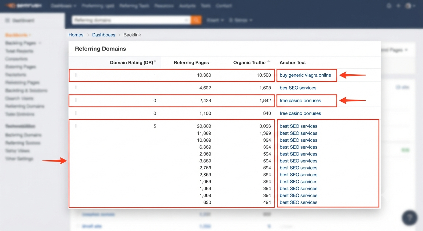 Screenshot from an SEO tool highlighting suspicious backlink patterns (low DR, irrelevant anchor text) during a manual audit.