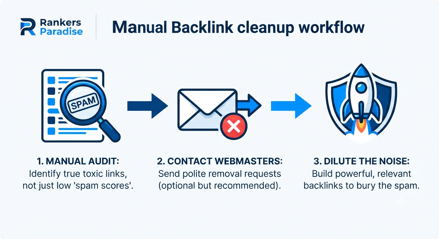 A clean infographic flowchart illustrating the three steps to handle spammy backlinks: 1. Manual Audit, 2. Contact Webmasters, 3. Dilute the Noise.