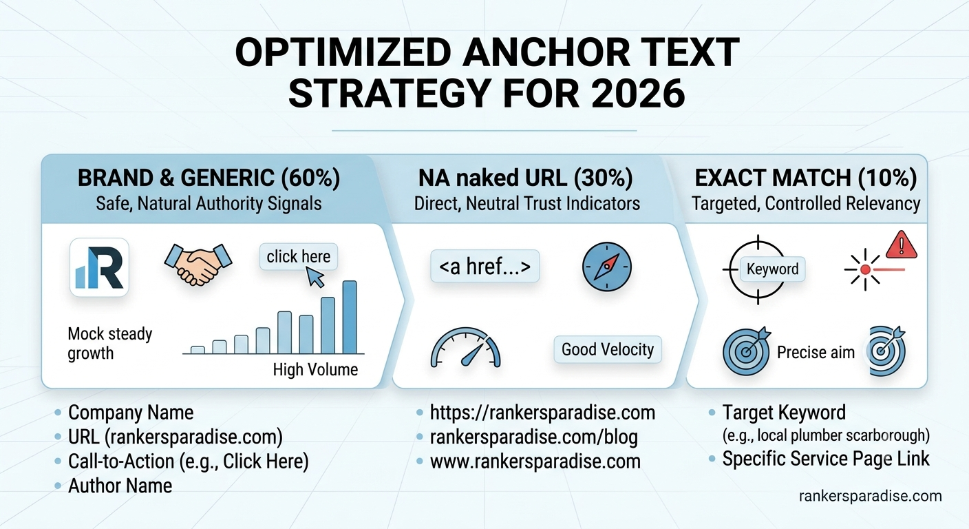 A technical SEO diagram illustrating the recommended anchor text distribution ratio for 2026 local SEO: 60% Brand/Generic, 30% Naked URL, and 10% Exact Match.
