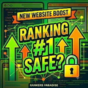 Square 300x300 graphical featured image thumbnail with neon green and electric orange text reading "RANKING #1 SAFE?" flanked by upward arrows and a secure padlock. Below a banner "NEW WEBSITE BOOST." The design is bold, modern, and high-contrast.
