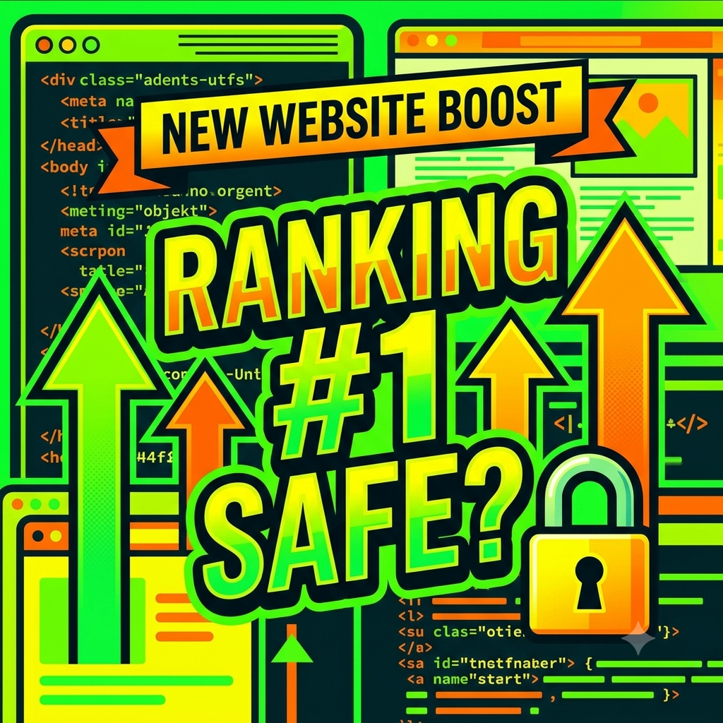 Square 300x300 high-contrast image asking 'RANKING #1 SAFE?' with upward arrows and a padlock, in neon green and electric orange.