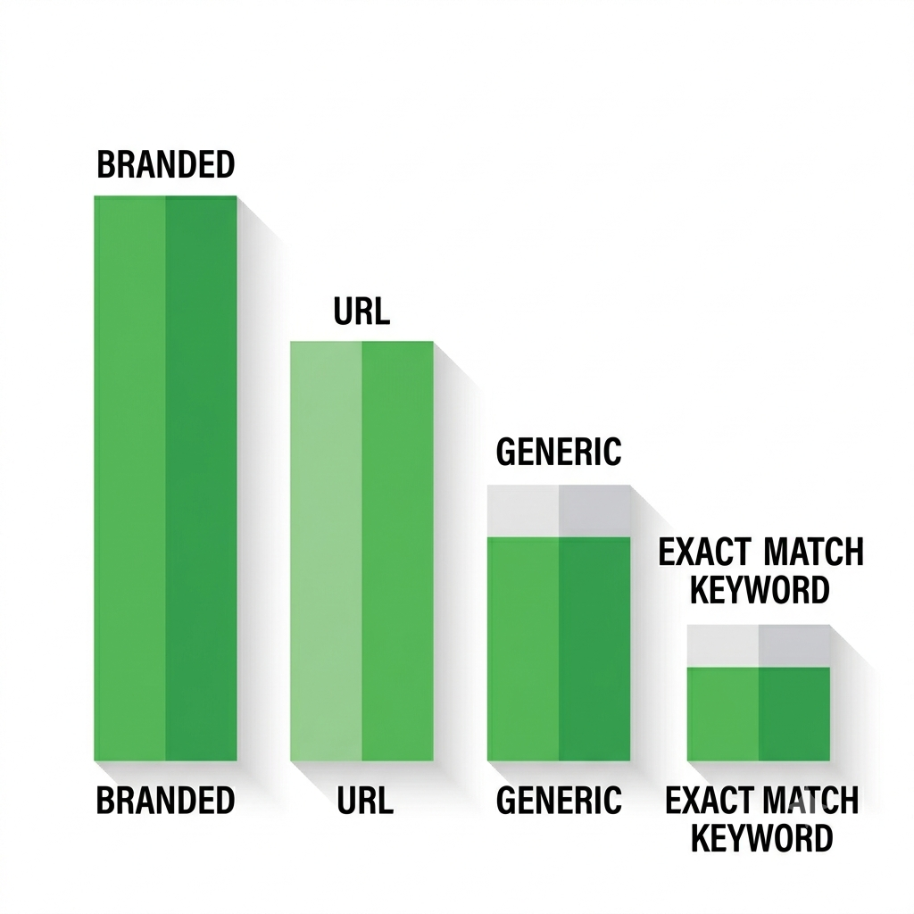 A bar chart showing the optimal ratio for anchor text, prioritizing branded and URL links over exact-match keywords to ensure SEO safety.