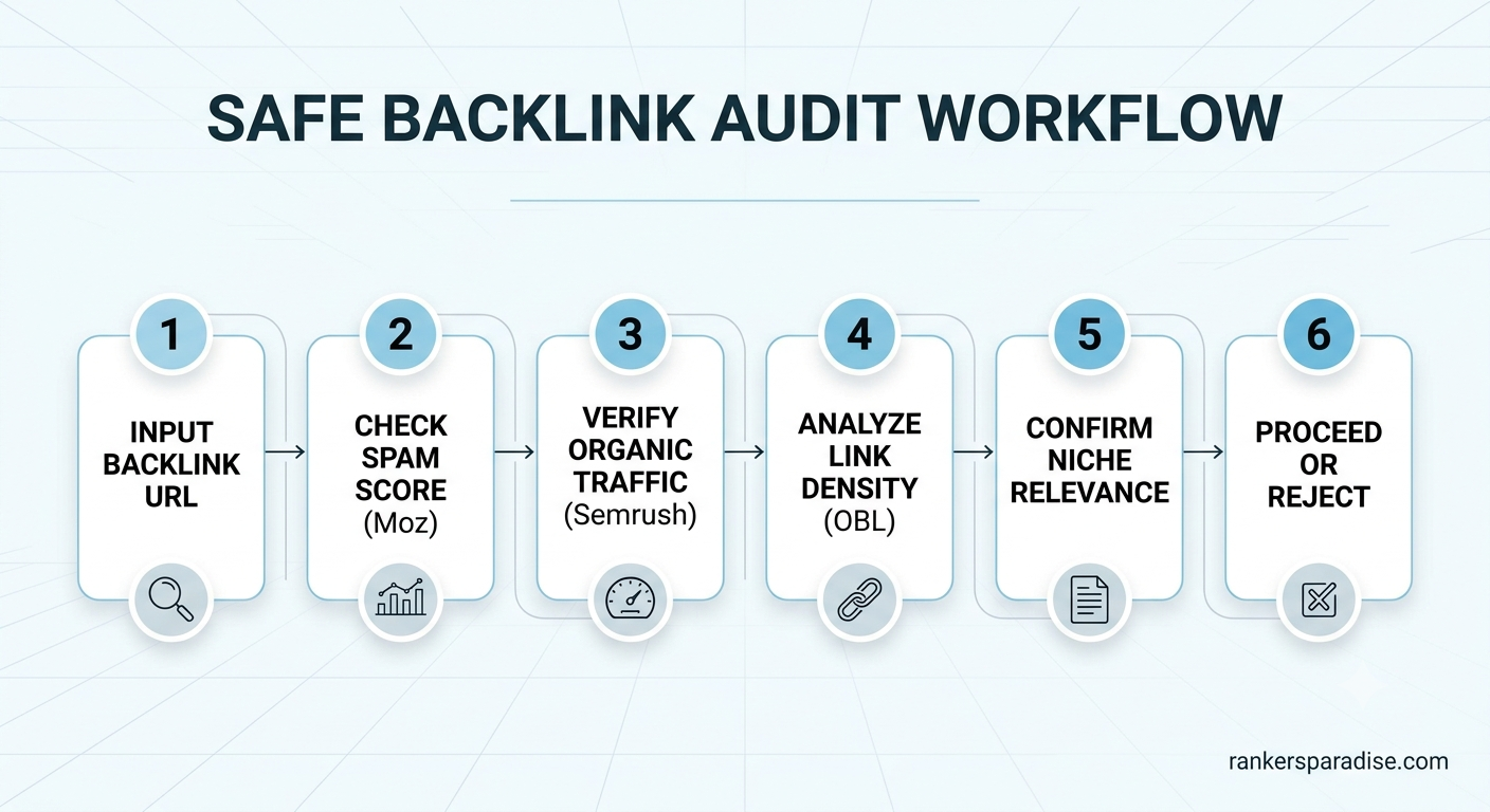 Flowchart visualizing the six steps to audit a potential backlink for safety, including traffic checks, spam score, and relevance verify.