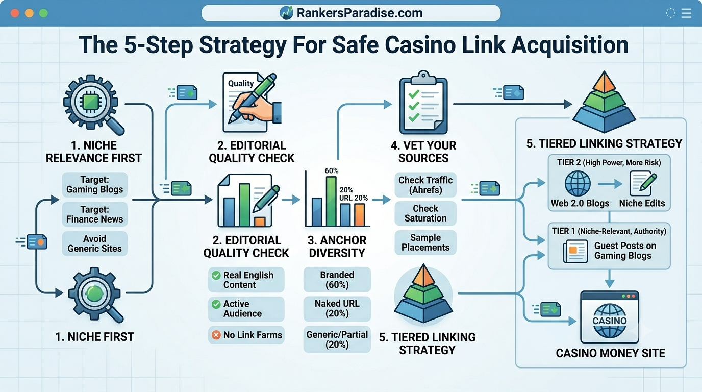 Diagram showing the 5-step process for safe casino link acquisition, including vetting, high-quality guest posts (Tier 1), and tiered link safety.
