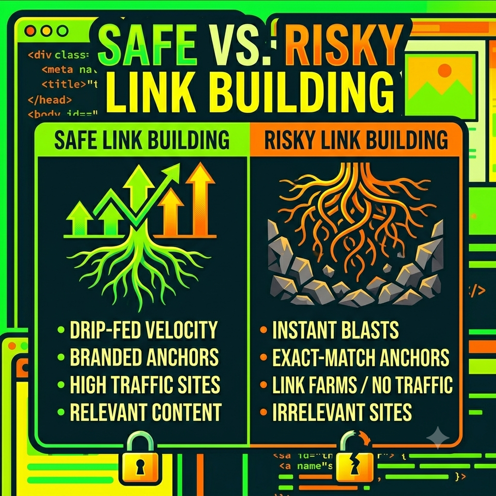 Infographic comparison chart with two columns. Left (Green) side is "SAFE LINK BUILDING" with upward root growth and lists drip velocity, branded anchors. Right (Orange) side is "RISKY LINK BUILDING" with descending tangled roots and lists instant blasts, exact-match anchors. Uses the high-contrast aesthetic.