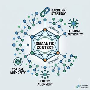 A square minimalist featured image icon showing semantic flow for SEO entity alignment, using blue and green nodes on a light grey background with the Rankers Paradise logo.