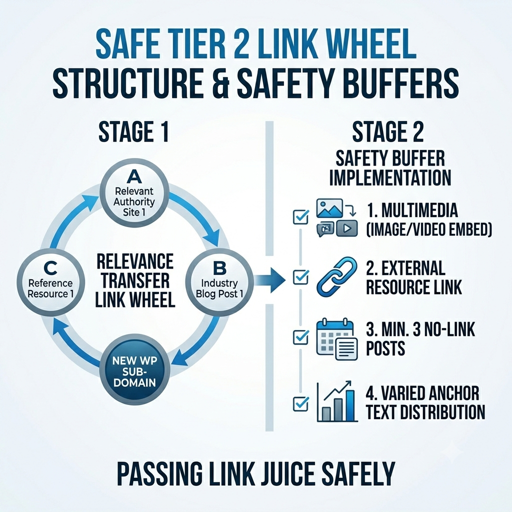 A diagram illustrating the safety buffer structure between a money site, tier 1 blogs, and tier 2 WordPress.com sub-domain backlinks.