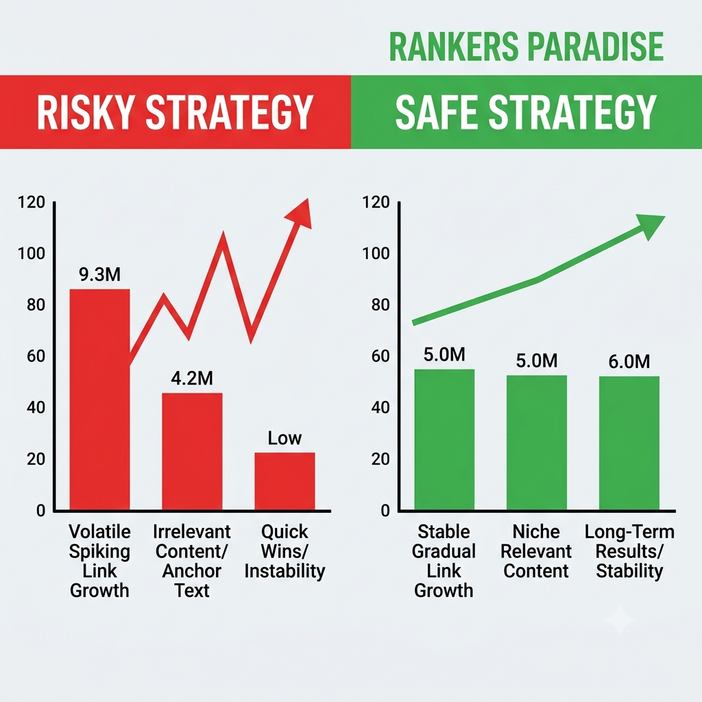 Infographic comparing the volatile link growth of risky SEO strategies versus the steady, safe growth of a Rankers Paradise Web 2.0 link-building strategy.