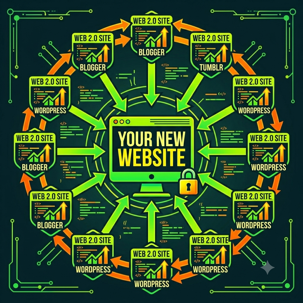 Technical diagram illustrating a structured link wheel. A central hub 'YOUR NEW WEBSITE' is connected securely. Surrounding nodes (WEB 2.0 SITEs) are interconnected by orange arrows in a circular flow (the wheel), and each node also points a distinct green arrow (link juice) directly back to the central hub. Uses the high-contrast aesthetic.