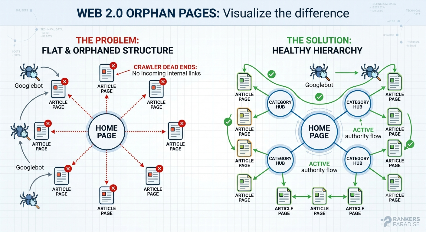 A technical infographic comparing a 'Flat & Orphaned' Web 2.0 structure with red dotted lines and crawler dead ends to a 'Healthy Hierarchy' with solid blue connections, active authority flow, and easy navigation for Googlebot.