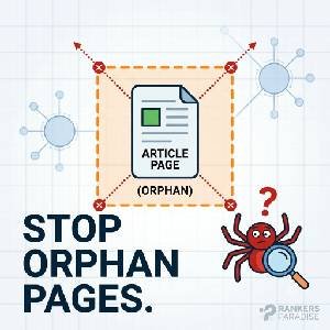 A 300x300 pixel square technical infographic in Rankers Paradise style, showing an isolated 'Article Page' icon with red dotted 'X' lines, symbolizing an orphaned state, next to a stylized red spider crawler icon with a magnifying glass and a question mark. Bold text reads 'STOP ORPHAN PAGES'.