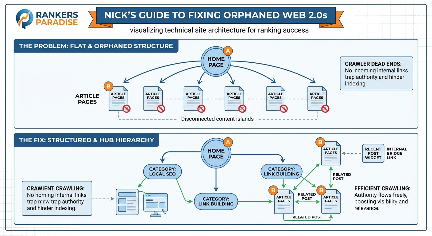 An infographic titled 'NICK'S GUIDE TO FIXING ORPHANED WEB 2.0s,' with the tagline 'visualizing technical site architecture for ranking success.' It compares 'THE PROBLEM: FLAT & ORPHANED STRUCTURE' showing disconnected article pages to 'THE FIX: STRUCTURED & HUB HIERARCHY' demonstrating a healthy internal link network with efficient authority flow.