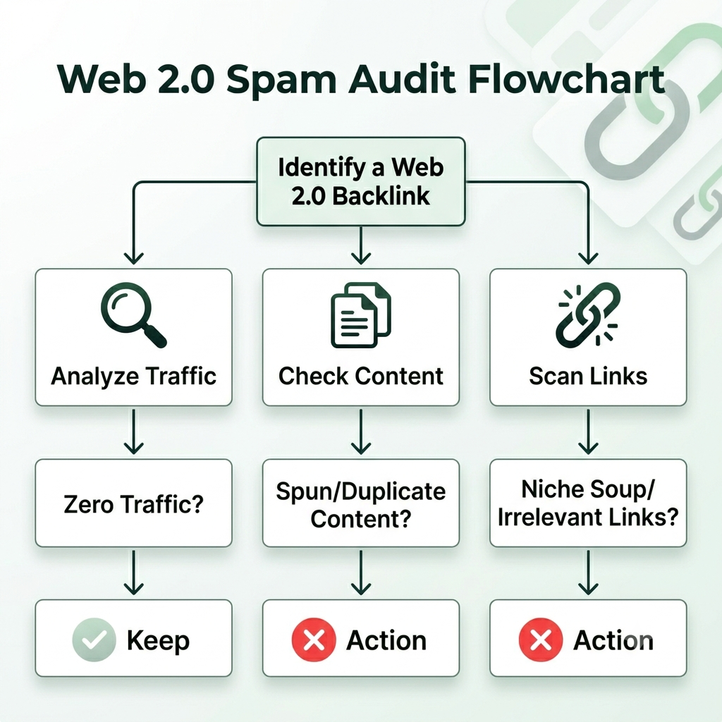 A decision flowchart graphic detailing how to audit a Web 2.0 backlink for traffic, duplicate content, and irrelevant links.