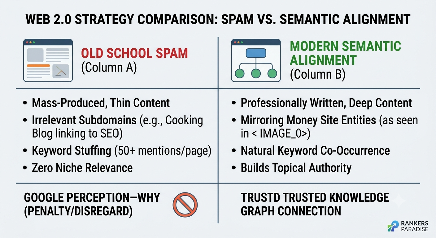 A strategic comparison table showing 'Column A: Old School Spam' with red warning icons and thin content, contrasted against 'Column B: Modern Semantic Alignment' using Rankers Paradise branding (blues, greens, oranges) from image_0.png, which highlights deep content, natural co-occurrence, and a trusted Knowledge Graph connection.