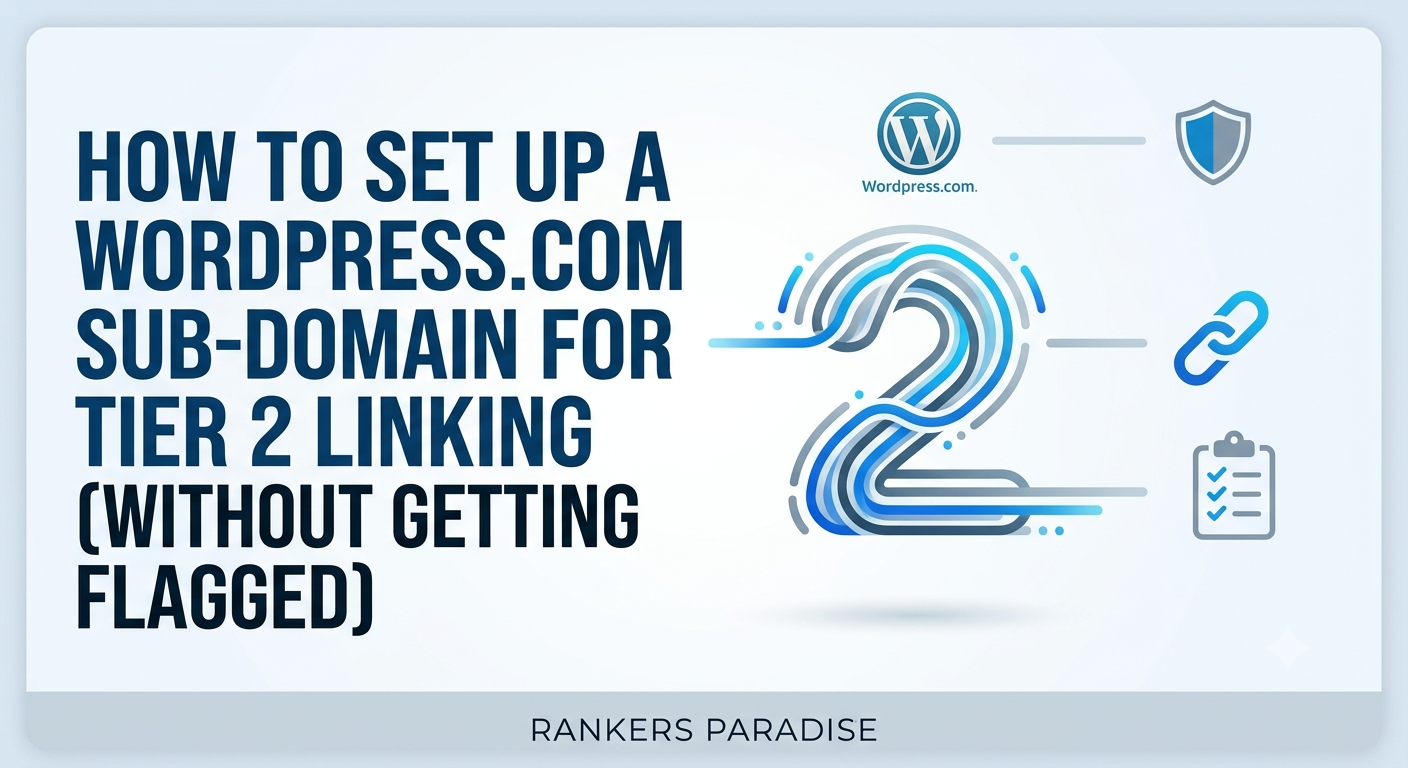 Infographic showing a shield icon and link icon representing safe WordPress.com tier 2 SEO linking strategies.