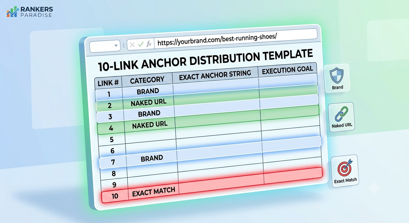A clean digital 3D visualization of a spreadsheet table titled '10-LINK ANCHOR DISTRIBUTION TEMPLATE', displaying the Rankers Paradise blueprint. The table lists 10 links with color-coded rows (Brand, Naked URL, Generic, LSI) and highlights row 10 in red as the single 'EXACT MATCH' link, using the example URL '[https://yourbrand.com/best-running-shoes/](https://yourbrand.com/best-running-shoes/)'.