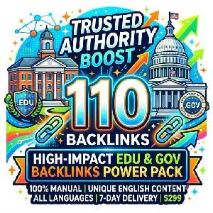 Graphic for 110 EDU and GOV Backlinks high authority manual link building service.