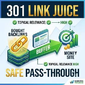 300x300 featured image showing safe link juice flow through 301 redirect with buffer