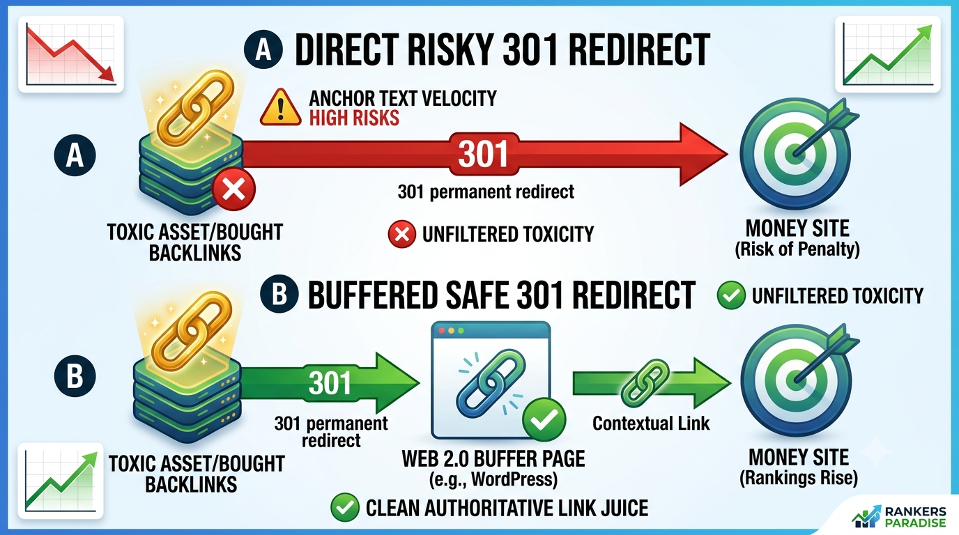 operational schematic diagram of buffered 301 redirect for bought backlinks