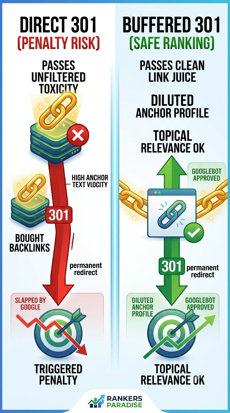 comparison graphic of direct vs buffered 301 redirect link juice results