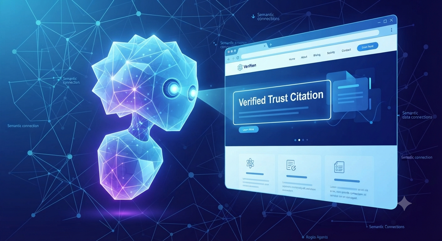 Futuristic AI agent analyzing a webpage for verified trust citations in a semantic web.