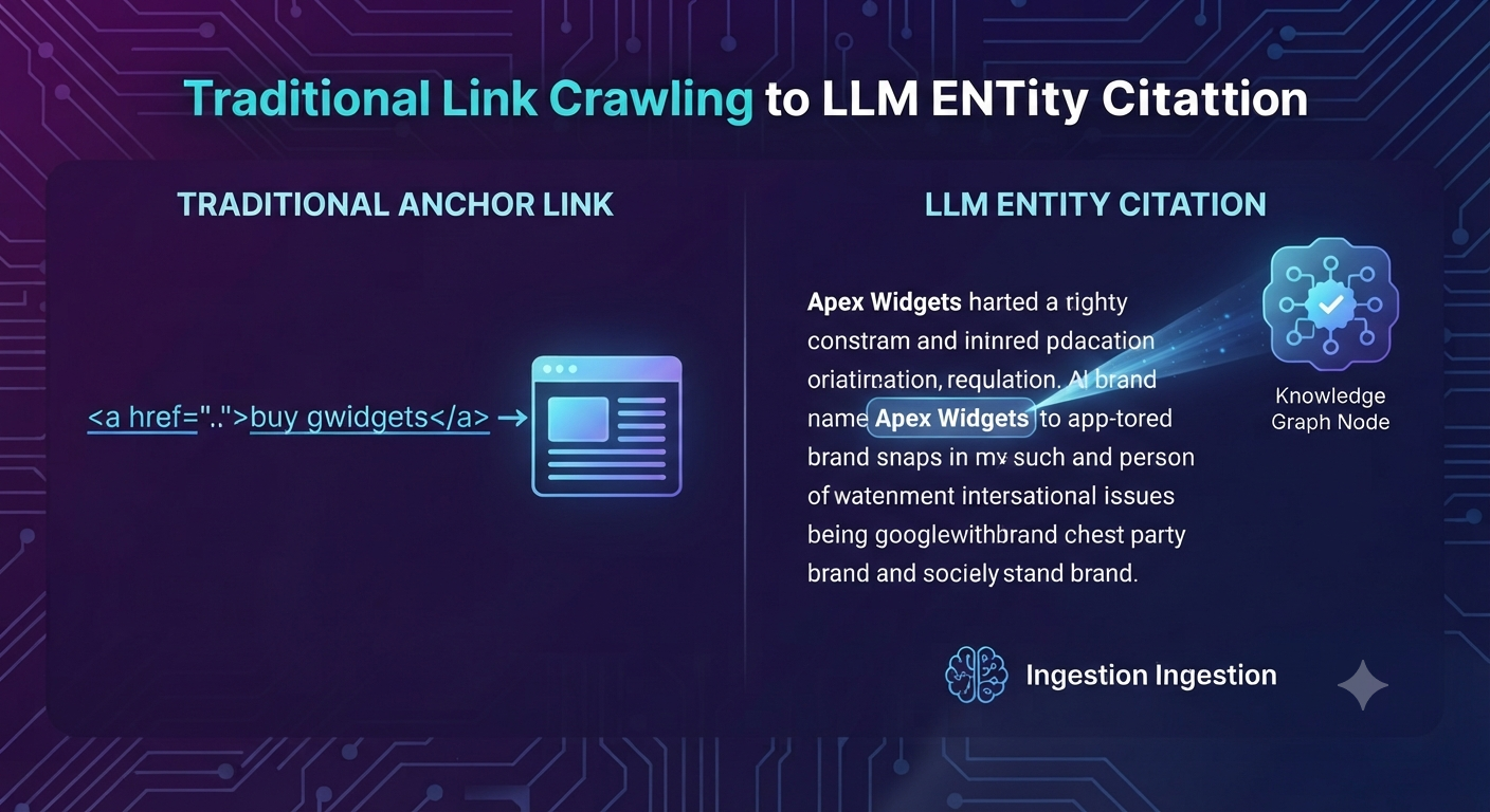 Diagram contrasting traditional anchor text links with modern LLM entity citations recognized by AI brains.