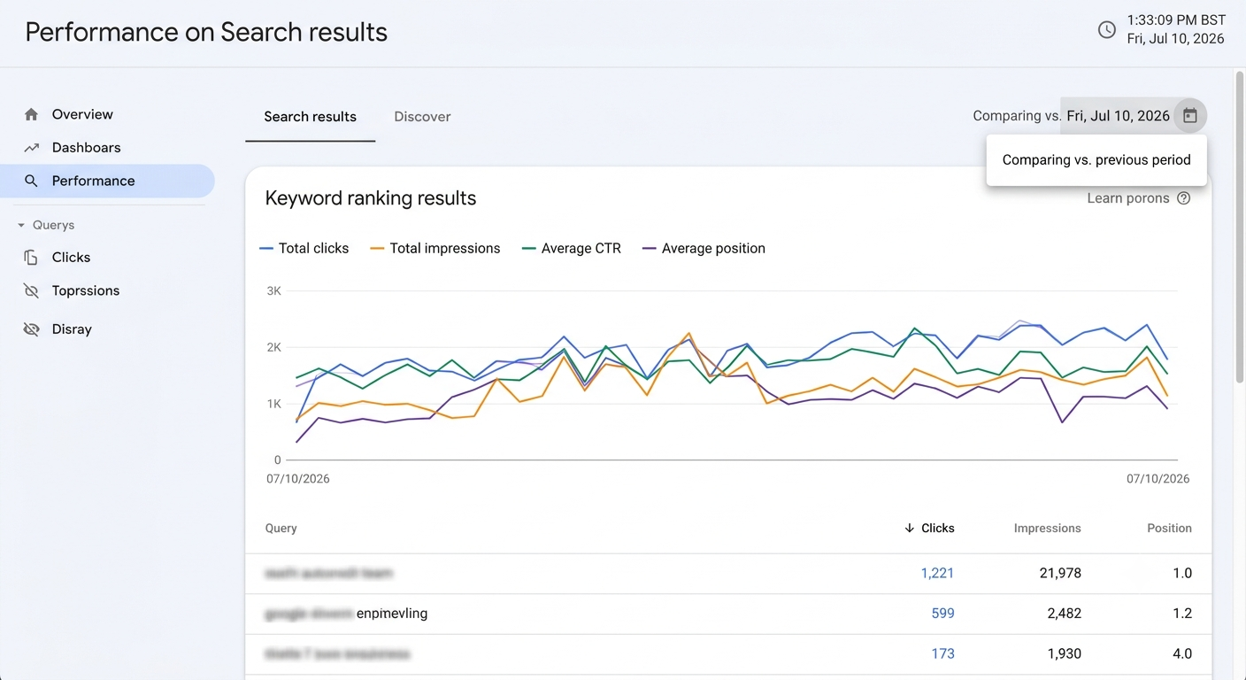 Google Search Console keyword ranking results graph performance dashboard