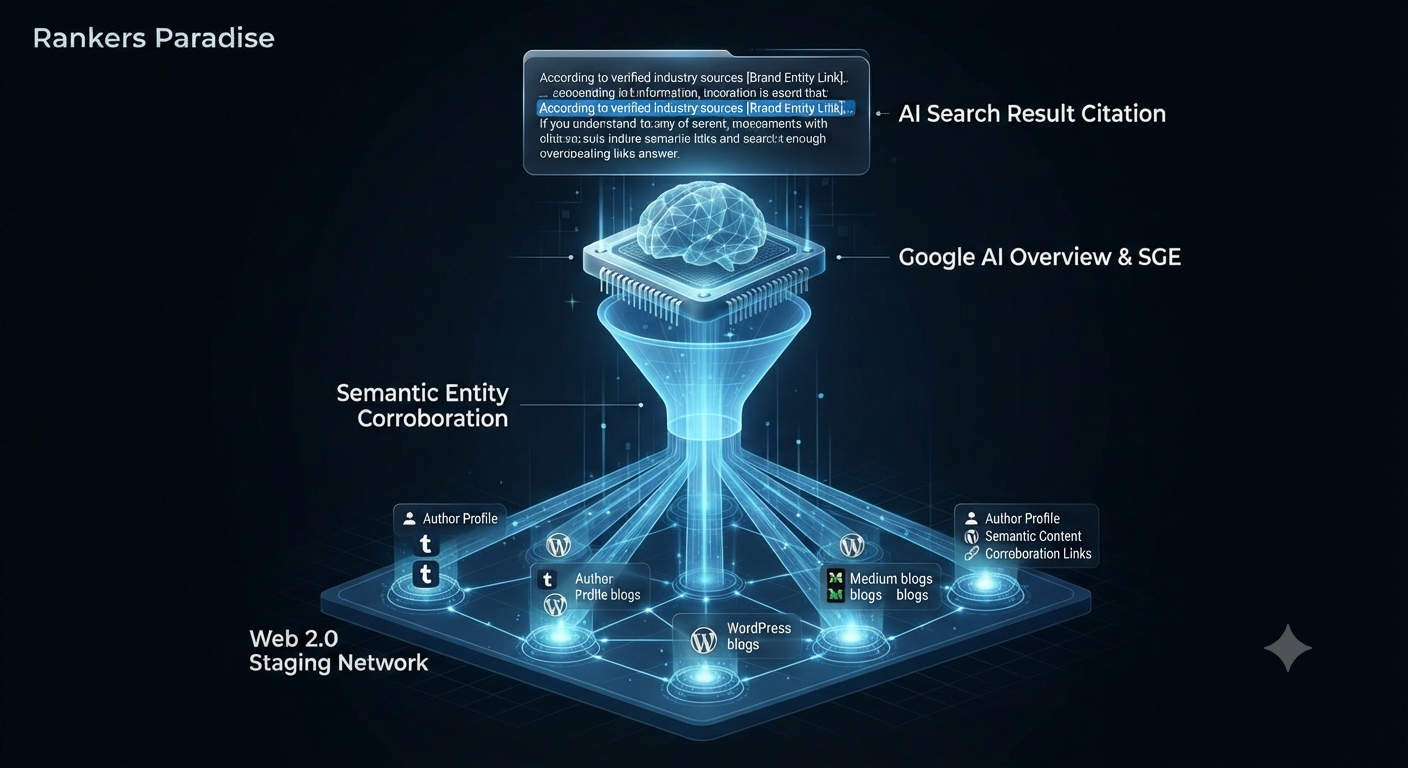 Infographic showing data flow from a Web 2.0 staging network, through an AI processor, resulting in a corroborated search citation.