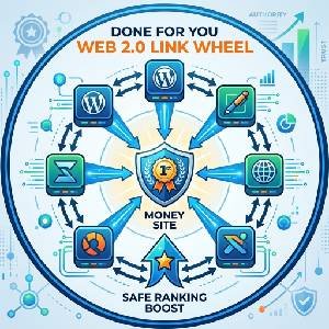 A professional illustration of a high-authority Web 2.0 link wheel structure showing a safe ranking boost to a central money site.