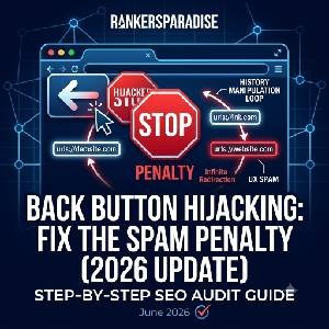 A technical SEO diagram illustration for Rankers Paradise, showing a large red traffic stop sign blocking a mouse cursor from hitting a browser's back button.