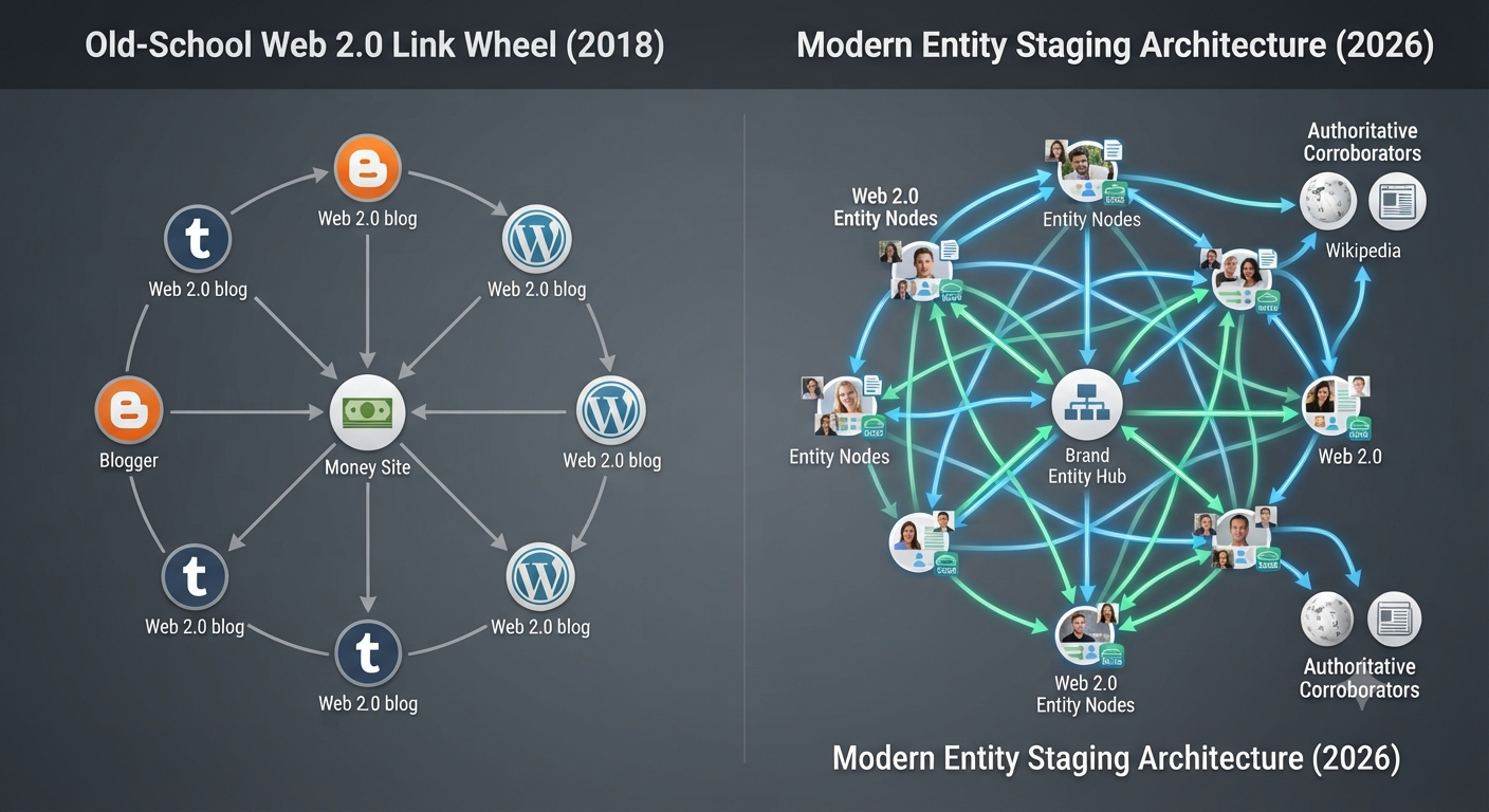 Comparison infographic showing the shift from simple Web 2.0 link wheels to complex entity staging for SEO.