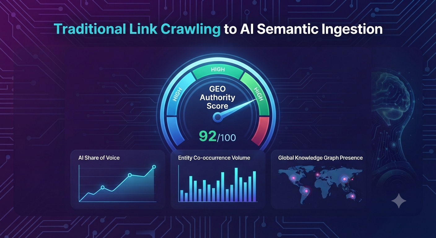 Futuristic SEO dashboard displaying a high 'GEO Authority Score' and rising AI visibility metrics.