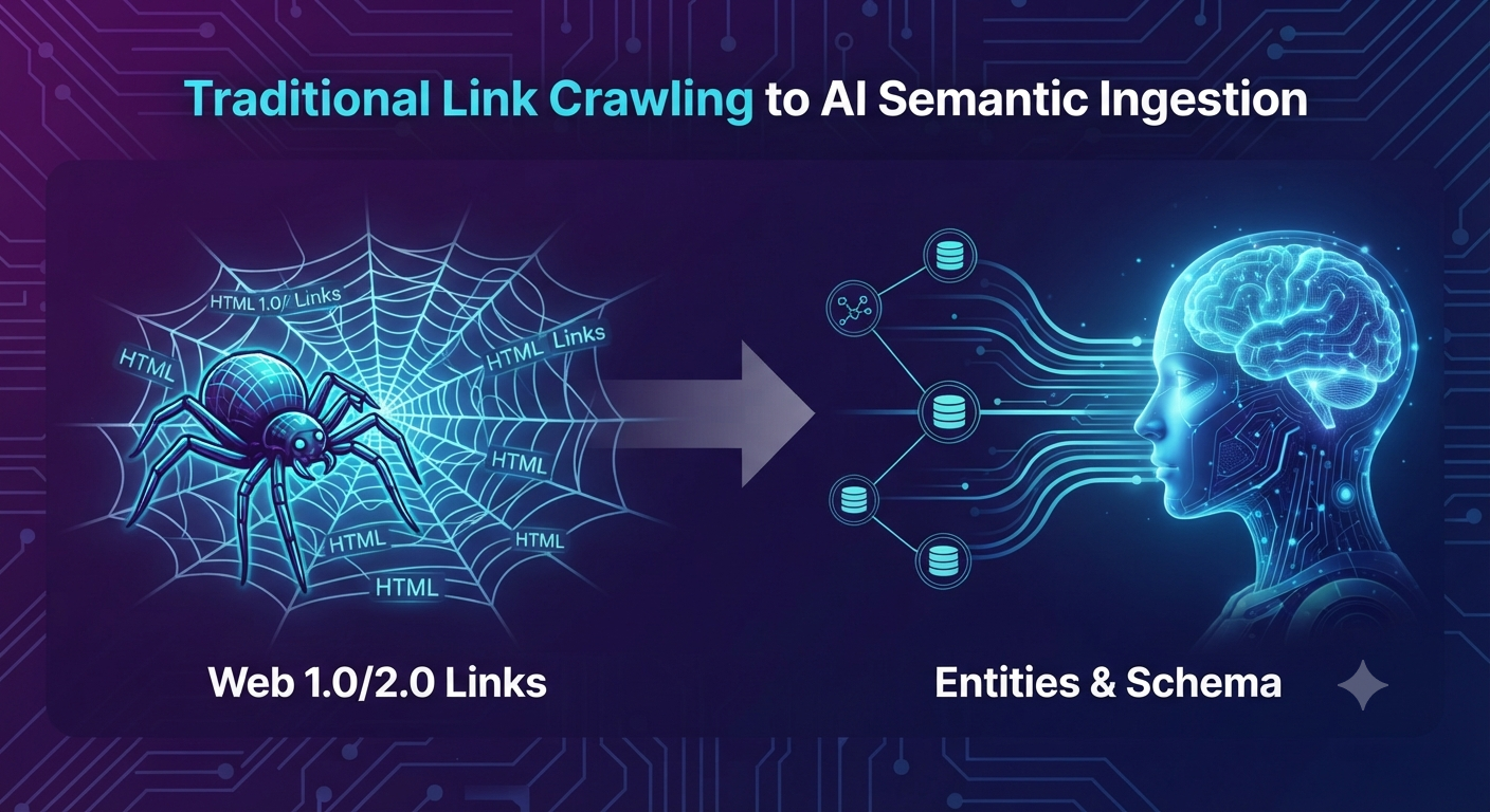 Infographic showing the evolution from Web 2.0 hyperlinks to AI knowledge graph ingestion for SEO.