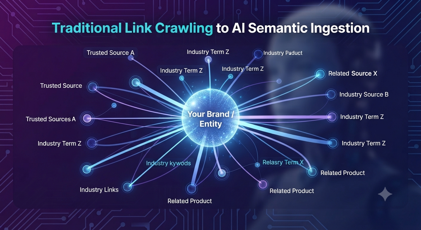 3D knowledge graph showing 'Your Brand' centrally connected to industry entities, illustrating contextual proximity for AI indexing.
