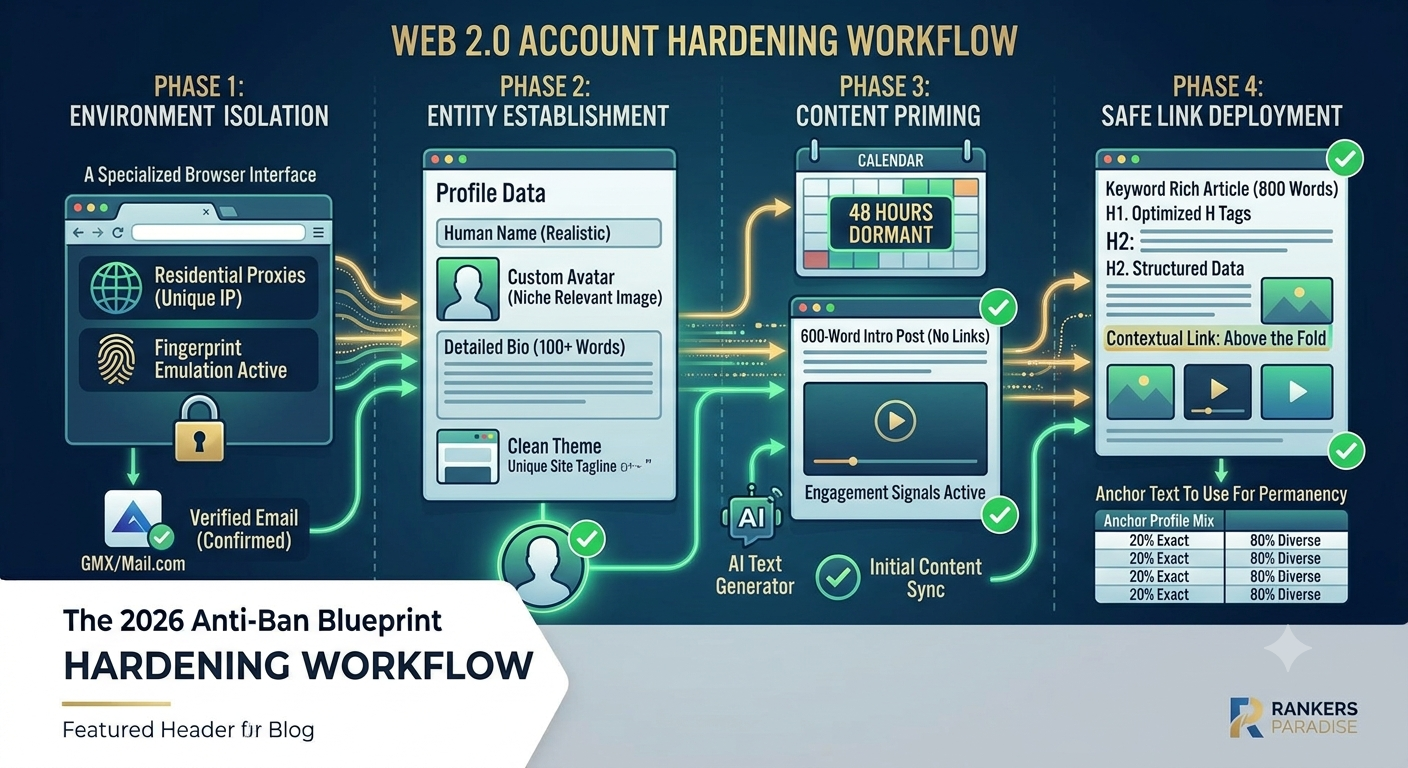 Advanced master blueprint illustrating the integration of isolated environments, entity data signals, content aging, and diverse anchor text to build permanent Web 2.0 backlinks.