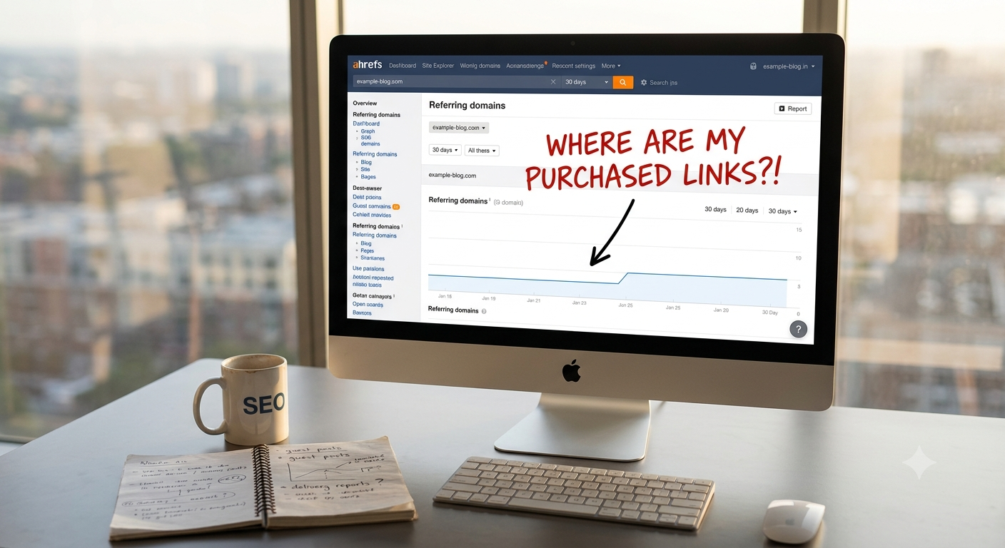 Ahrefs Site Explorer dashboard showing flat-lined referring domains graph with frustrated 'WHERE ARE MY PURCHASED LINKS?!' red text overlay.