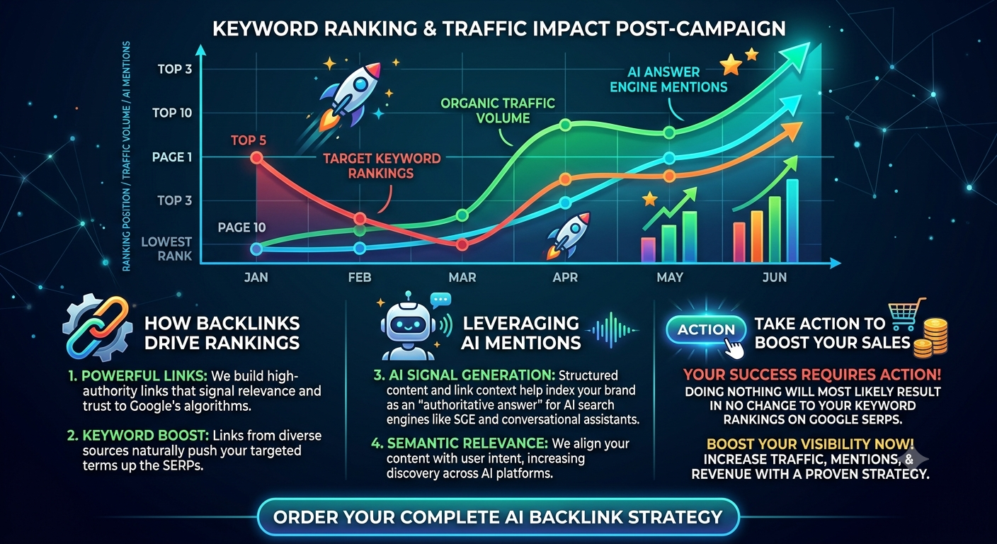 Chart showing keyword ranking and traffic increase after using our AI backlink strategy.