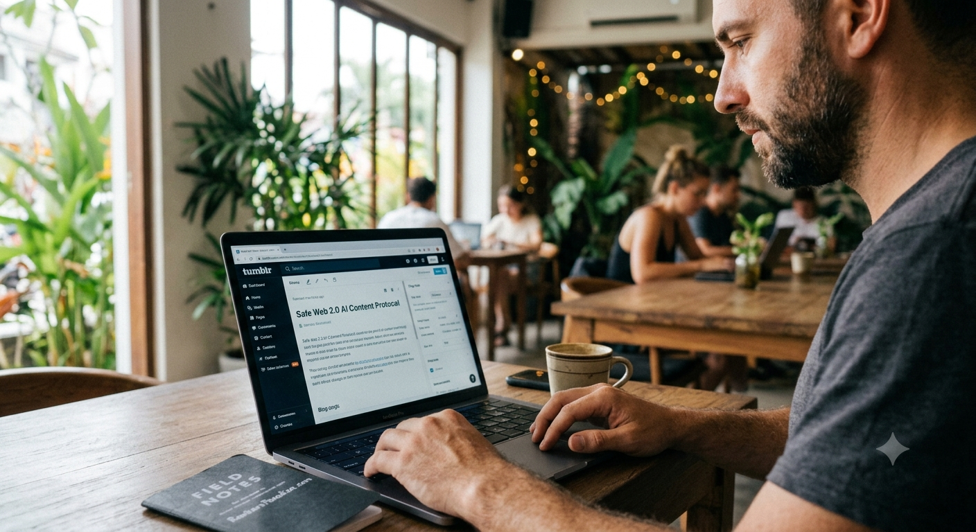 An SEO specialist working on a laptop in a café, generating content with an AI interface (ChatGPT), humanizing it with manual edits, and preparing it for publish on a Web 2.0 buffer blog.